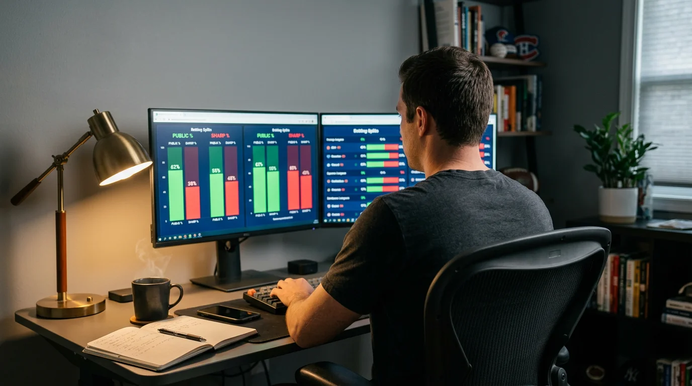 Sports analyst reviewing NFL betting splits data on multiple screens showing ticket and money percentages